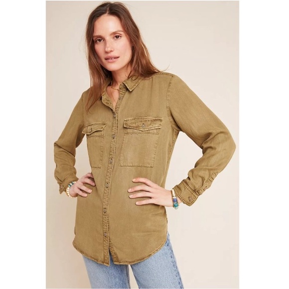 Anthro Pilcro Olive Cargo Pocket Buttondown Shirt Top - Picture 6 of 13